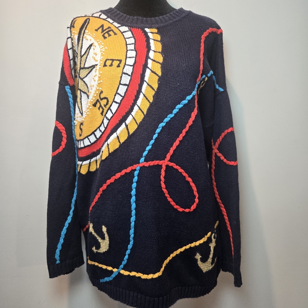 Chaus Sport Sweater 90s Vintage Nautical Compass & Anchor Medium